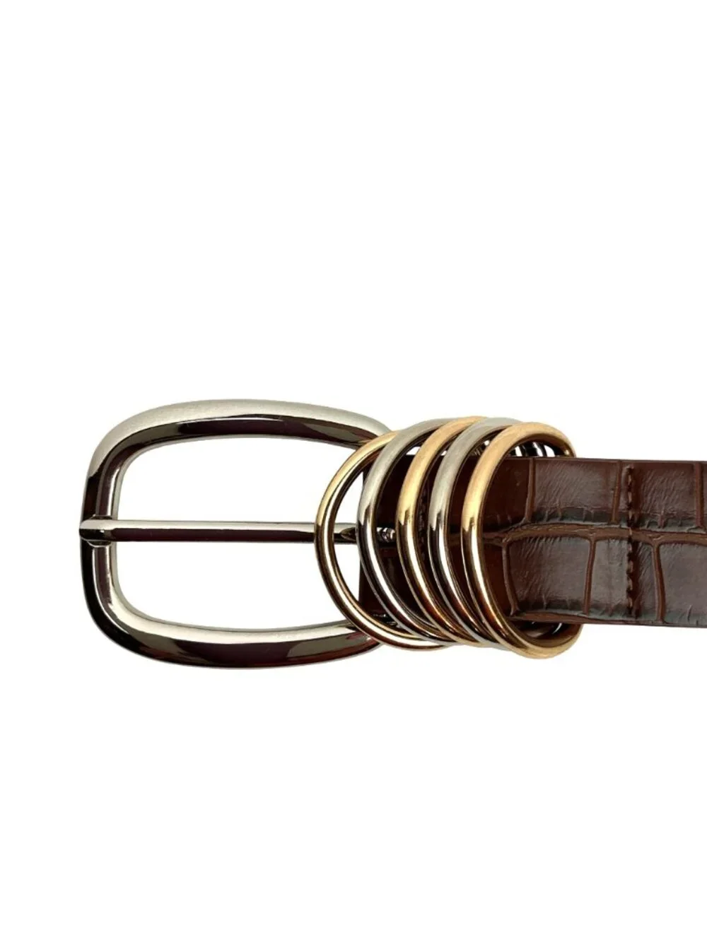Randa Faux Croc Leather Belt With Gold & Silver Keeper Rings Women’s 32 Brown